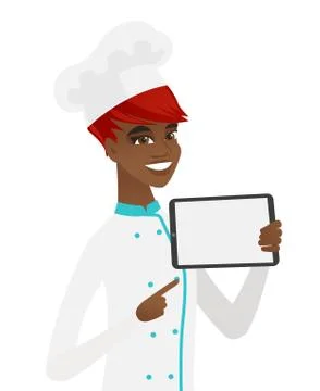 Smiling chef cook holding tablet computer. Stock Illustration
