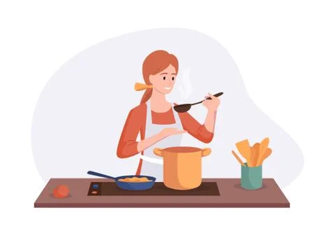 Smiling chef cooking on kitchen table. Wife cooked soup and tastes it with a Stock Illustration