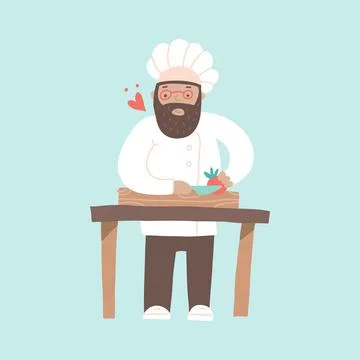 Smiling chef cuting vegetables with a knife, preparing dishes with love. Heart Stock Illustration