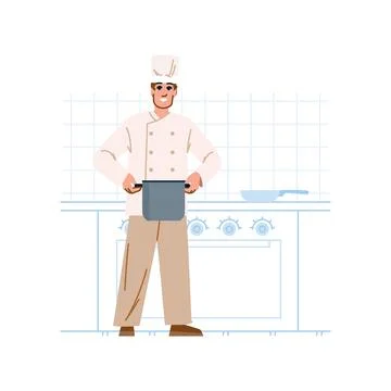 Smiling chef holding pot in restaurant kitchen cooking food 스톡 일러스트