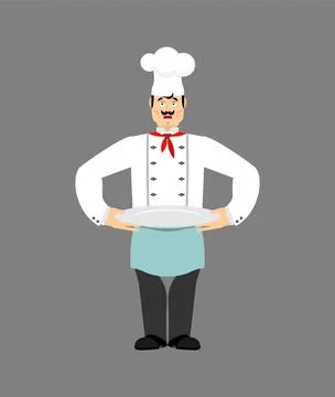 Smiling chef holding a tray with a dish, representing hospitality, gourmet .. Stock Illustration