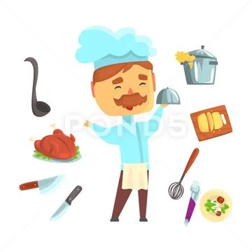 Smiling chef. Kitchen appliances and different dishes set for label design Stock Illustration