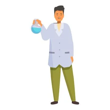 Smiling chemist holding beaker with blue liquid, experimenting in laboratory Stock Illustration