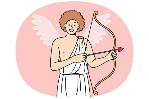 Smiling cherub with cupid bow and arrow, congratulates on valentine day and 스톡 일러스트