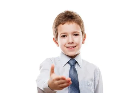 Smiling child boy gesturing hand greeting or meeting handshake Stock Photos