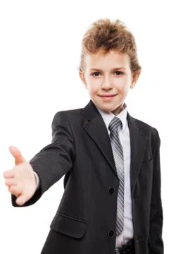 Smiling child boy gesturing hand greeting or meeting handshake Stock Photos
