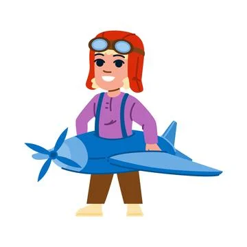 Smiling child playing pilot wearing helmet and goggles holding toy airplane Stock Illustration