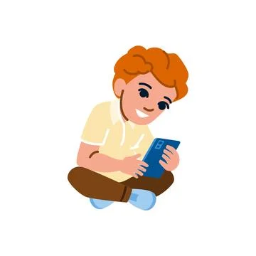 Smiling child using smartphone sitting with crossed legs Stock Illustration