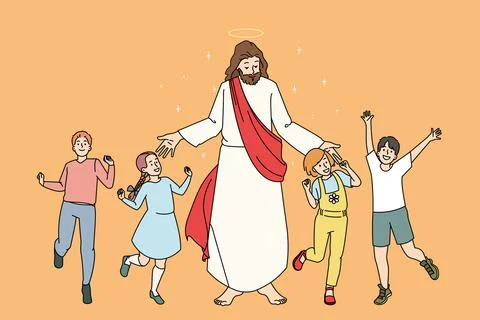 Smiling children dance near Jesus Christ Stock Illustration