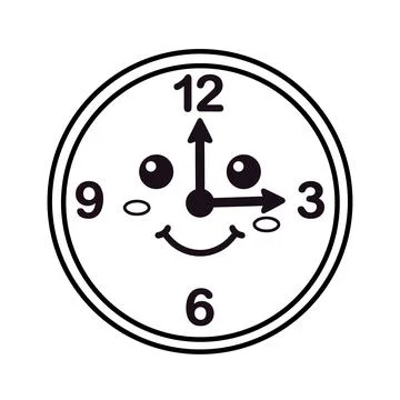 Smiling clock face showing time in minimalist black and white Ilustração Stock