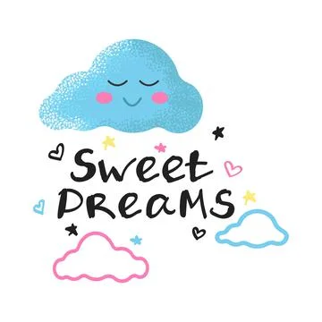Smiling cloud with pink cheeks in the clouds and the inscription sweet dream, Stock Illustration