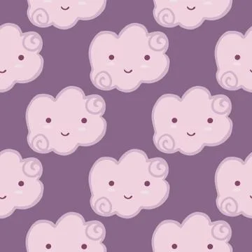 Smiling cloud sky seamless pattern on lilac background. Stock Illustration