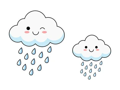 Smiling Clouds with Falling Raindrops Cute Cartoon Vector Illustration Set .. Stock Illustration