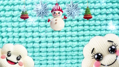 Smiling clouds with snowman and snowflakes on fabric Video stock 297239654