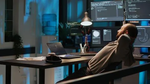 Smiling coder feeling content about programming achievement 库存照片