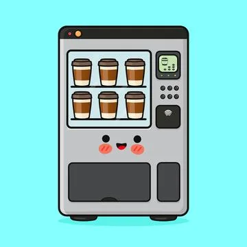 Smiling coffee vending machine offering hot beverages Stock Illustration