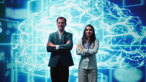 Smiling colleagues working with AI machine learning algorithms 動画素材 278622704