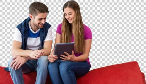 Smiling college students using tablet computer Stockfoto's