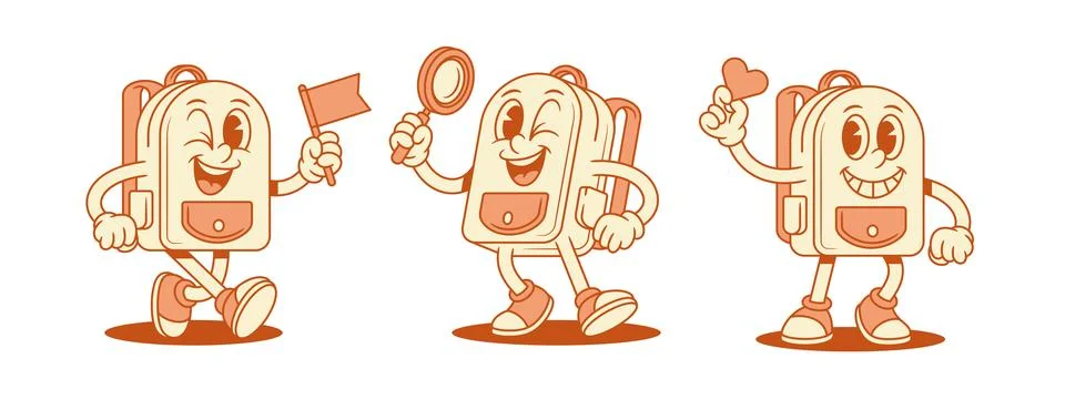 Smiling comic schoolbag backpack cartoon character set isometric vector ill.. イラスト素材