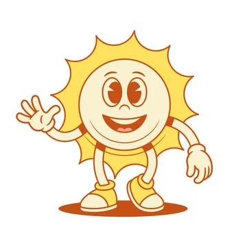 Smiling comic yellow sun cartoon character greeting hi contoured vector flat  Stock Illustration