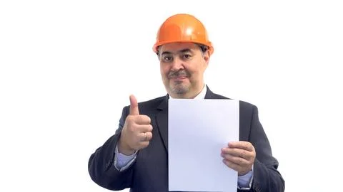 Smiling Construction Engineer in Suit and Hard Hat Holding Blank Paper Stock Photos