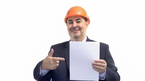 Smiling Construction Engineer in Suit and Hard Hat Holding Blank Paper Stock Photos
