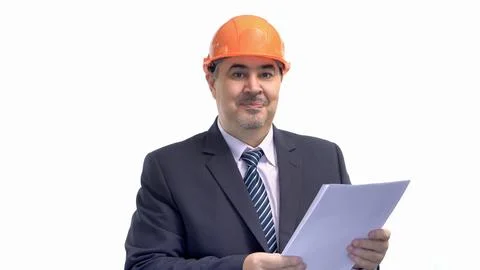 Smiling Construction Engineer in Suit and Hard Hat Stock Photos
