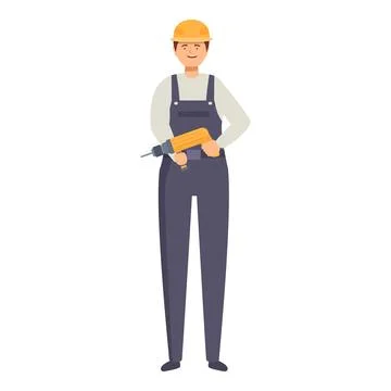 Smiling construction worker holding cordless drill wearing hard hat and blue Ilustración de archivo