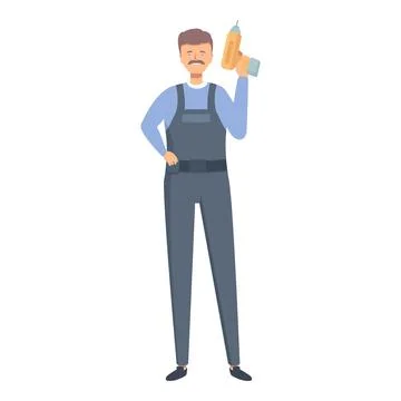 Smiling construction worker holding electric drill wearing overalls and tool Stock Illustration