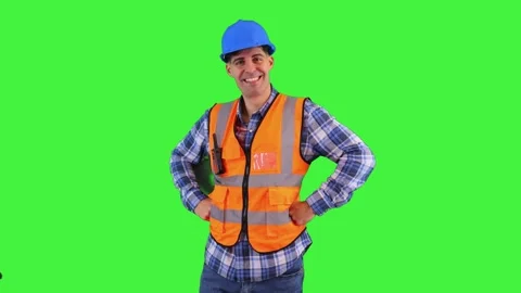 Smiling construction worker posing for the camera with hands on hips, weari.. Stock Footage 286986168