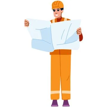 Smiling construction worker reading blueprint on white background Stock Illustration