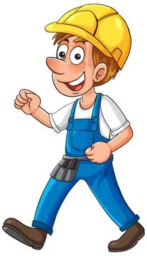 Smiling Construction Worker Walking in Blue Overalls Stock Illustration