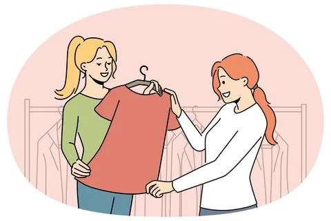 Smiling consultant help client with clothes choice Illustrazione stock