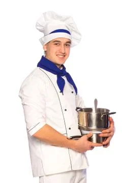Smiling cook chef with kitchenware Stock Photos