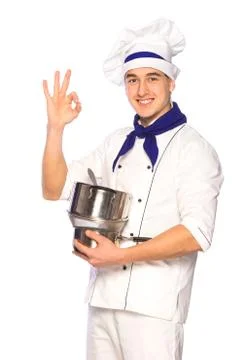 Smiling cook chef with kitchenware Stock Photos