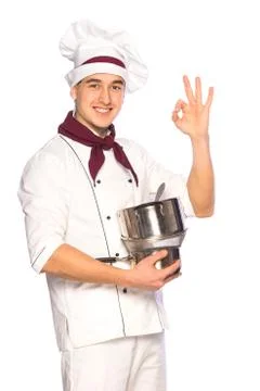 Smiling cook chef with kitchenware Stock Photos