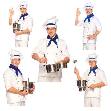 Smiling cook chef with kitchenware, set Stock Photos