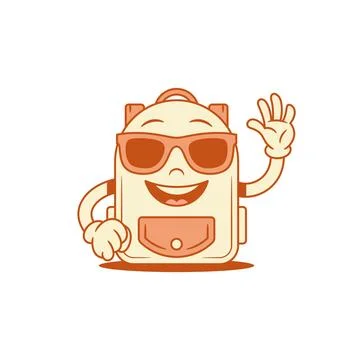 Smiling cool schoolbag back to school cartoon character hi hello isometric .. Illustrazione stock