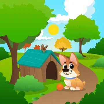 Smiling corgi sitting on path in park. Little bird on roof of dog s house Stock Illustration