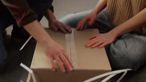 Smiling Couple Admiring Panels of Flatpack Cabinet while Unboxing at Home Stock Footage 330521441