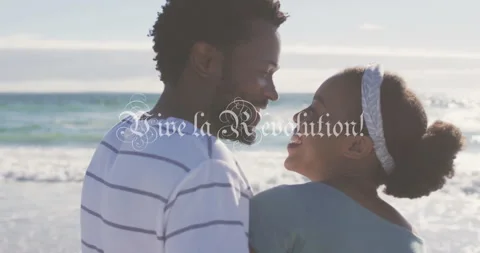 Smiling couple on beach with long live the revolution text over animation Stock Footage 306507161