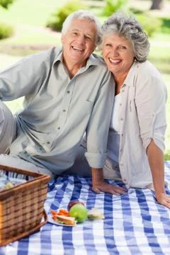 Smiling couple looking at the camera having a picnic 스톡 사진