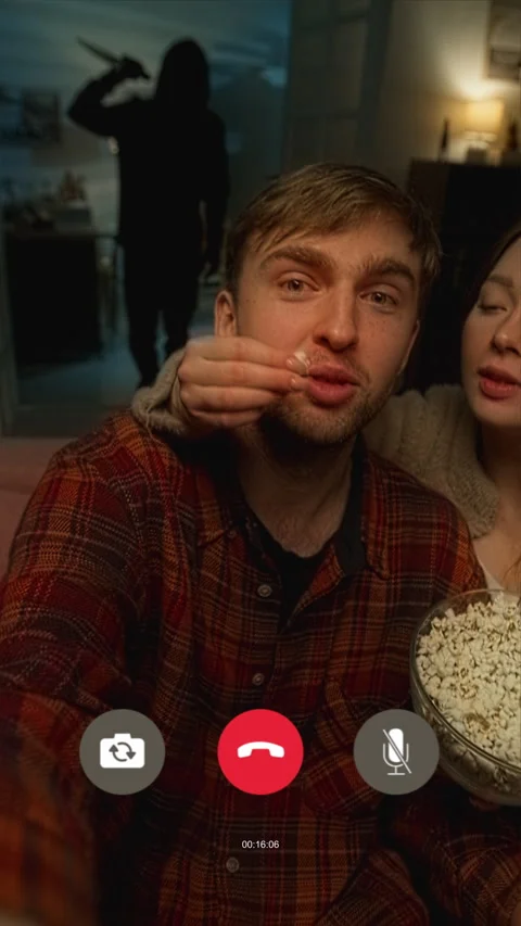 Smiling Couple Video Calling while Murderer Standing behind Back in Living Room Stock Footage 311568605