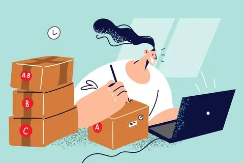 Smiling courier address packages at post office Illustration