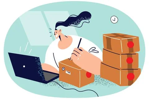 Smiling courier address packages at post office Illustration