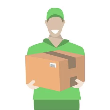A smiling courier in a green uniform with package Stock Illustration