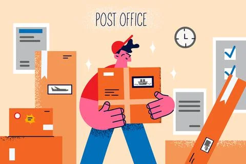 Smiling courier with parcel in post office Stock Illustration