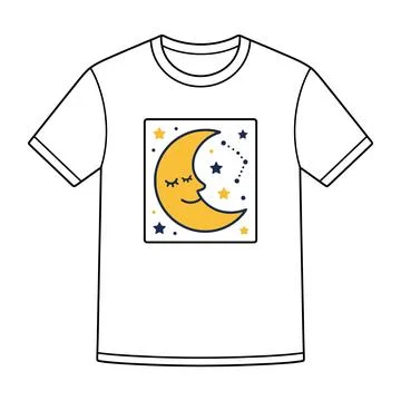 Smiling crescent moon and star constellation t shirt design with t shirt Stock Illustration