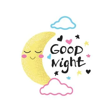 Smiling Crescent with pink cheeks in the clouds and the inscription good nigh Stock Illustration