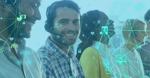 Smiling customer service team using headsets with digital interface overlay Illustrazione stock